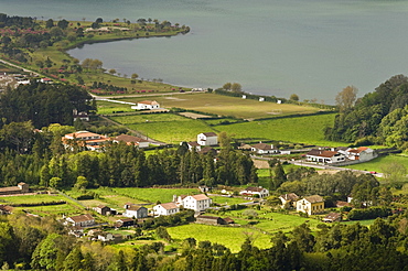 Lake Azul and the village of Sete Cidades inside the Sete Cidades volcanic crater, San Miguel, Azores, Portugal, Europe