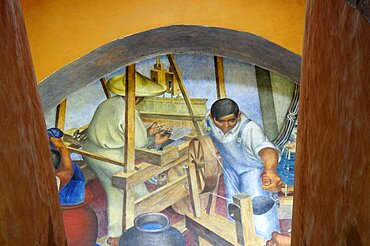 Mexico, Bajio, San Miguel de Allende, Bellas Artes 1940 mural by Pedro Martinez depicting textile making.