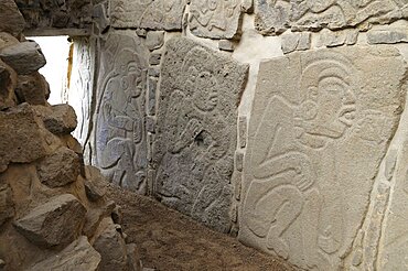 Mexico, Oaxaca, Monte Alban, Archaeological site Los Danzantes Gallery Relief carved stone blocks depicting dancers.