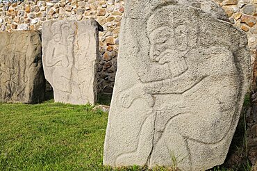 Mexico, Oaxaca, Monte Alban, Archaeological site Relief carved stone blocks depicting dancers.