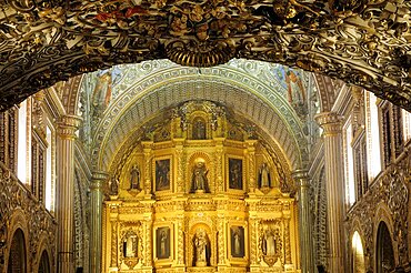 Mexico, Oaxaca, Church of Santo Domingo Ornately decorated interior with carved and gilded altarpiece.