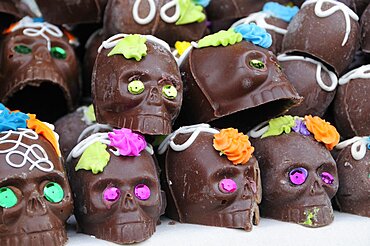 Mexico, Michoacan, Patzcuaro, Decorated chocolate skulls for Dia de los Muertos or Day of the Dead festivities.