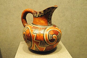 Mexico, Federal District, Mexico City, Museo Nacional de Antropologia Painted Mixteca ceramic jug from Oaxaca in Ancient Mexico.