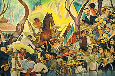 Mexico,  Federal District, Mexico City, Detail of mural Dream of a Sunday Afternoon in the Alameda by Diego Rivera in the Museo Mural Diego Rivera.