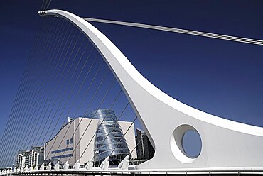 Ireland, County Dublin, Dublin City, Samuel Beckett bridge on the river Liffey with the Convention Centre.