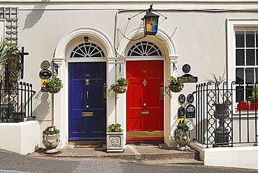 Ireland, County Cork, Kinsale, colourful doorways of terraced houses.