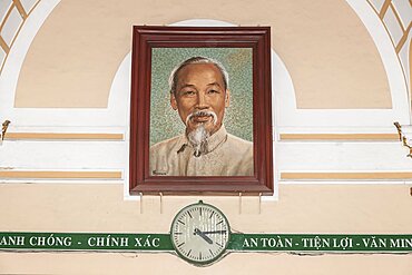 Vietnam, Ho Chi Minh City, Vietnam Portrait of Ho Chi Minh inside the Central Post Office.