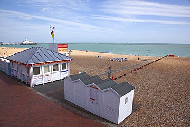 England, East Sussex, Eastbourne, View across shingle beach.