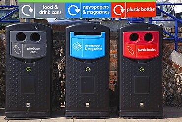 England, East Sussex, Eastbourne, Recycling bins on the seafront promenade.