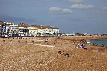 England, East Sussex, Eastbourne, View across shingle beach.