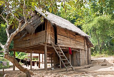 Laos, Mekong, Bamboo Hut in Village next to the Mekong River.