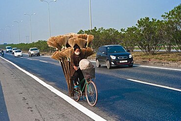 Vietnam, Transport, Woman on Bicycle in north region with a load of brooms.