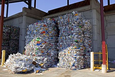 USA, Florida, Recycling, Bundle of plastic bottles for recycling at the country dump.