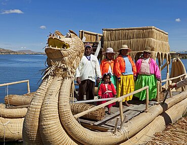 Peru, Puno, Residents of one of the many islands in Lake Titicaca.