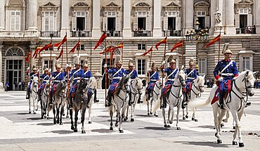 Spain, Madrid, Palacio Real Royal Palace Guards on parade.