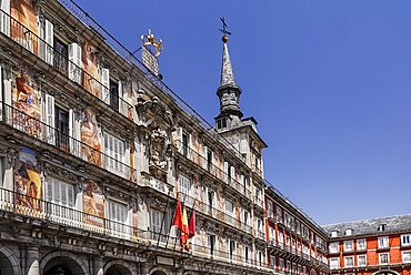 Spain, Madrid, Plaza Mayor Colorful murals on the Casa de la Panaderia.