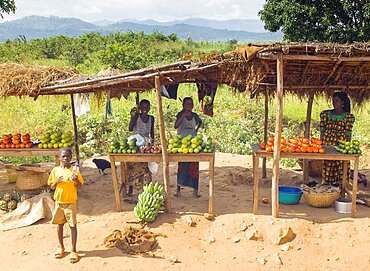 Burundi, Cibitoke Province, Buganda, Market stall selling vegetables beside the road.