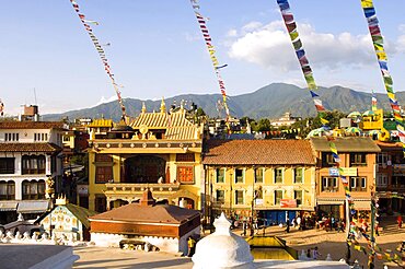 Nepal, Kathmandu, The streets beside Bodnath Tibetan Buddhist Temple.