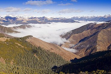 China, Szechuan Province, Tibet, High altitude view across mountains and valleys in Tibetan region of Litang county.