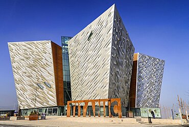 Ireland, North, Belfast, Titanic Quarter, Titanic Belfast Visitor Experience, General view of building with Titanic sign outside.