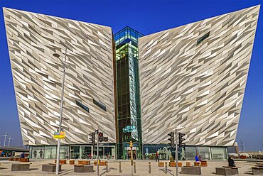 Ireland, North, Belfast, Titanic Quarter, Titanic Belfast Visitor Experience, Head on view of the building.