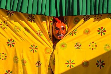 Bhutan, Thimpu Dzong, Atsara, or comedian peering out from behind a curtain at a masked dance Tsecchu.