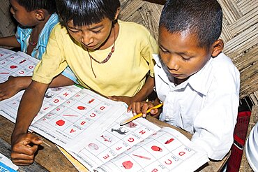 Bangladesh, Chittagong Division, Bandarban, Primary school classroom demonstrating child-centred group based work initiated by an NGO.