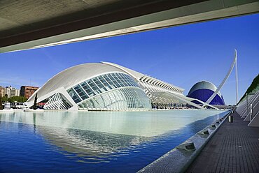 Spain, Valencia Province, Valencia, Spain, Valencia Province, Valencia, La Ciudad de las Artes y las Ciencias, City of Arts and Sciences, L'Hemisferic, Principe Felipe Science Museum, El Pont de l'Assut de l'Or Bridge and Agora.