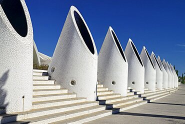 Spain, Valencia Province, Valencia, Spain, Valencia Province, Valencia, La Ciudad de las Artes y las Ciencias, City of Arts and Sciences, Pillars on the Umbracle sculpture garden.