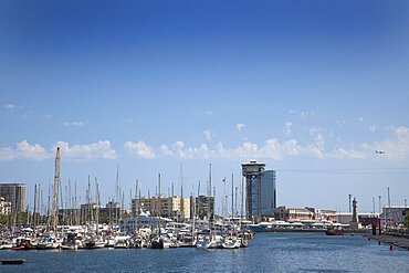 Spain, Catalonia, Barcelona, View across Port Vell with the Cable Car tower visible.,