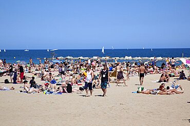 Spain, Catalonia, Barcelona, Playa de St Sebastia, Barceloneta Beach.