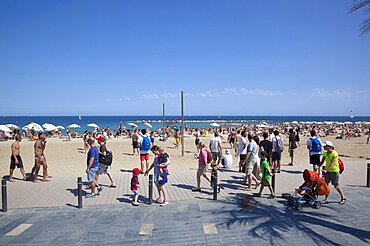 Spain, Catalonia, Barcelona, Playa de St Sebastia, Barceloneta Beach.