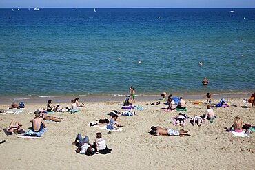 Spain, Catalonia, Barcelona, Playa de St Sebastia, Barceloneta Beach.