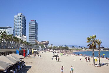 Spain, Catalonia, Barcelona, Barceloneta, Playa de St Sebastia, view along beach toward Port Olimpic.