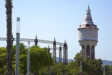 Spain, Catalonia, Barcelona, Barceloneta, former Gasometer and ornate Water Tower.,