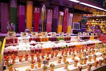 Spain, Catalonia, Barcelona, Interior of La Boqueria market on La Rambla.