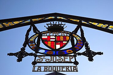 Spain, Catalonia, Barcelona, Ornate sign of La Boqueria market on La Rambla.