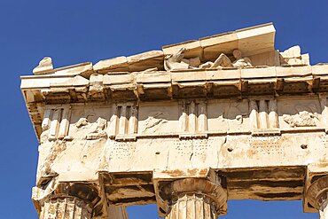 Greece, Attica, Athens, Close up of carved stone pediment of the Parthenon at the Acropolis.