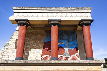 Greece, Crete, Knossos, The north entrance, depicting the charging bull fresco, Knossos Palace.