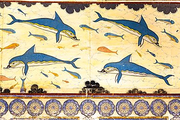 Greece, Crete, Knossos, Dolphin fresco in the Queen's Megaron, Knossos Palace.