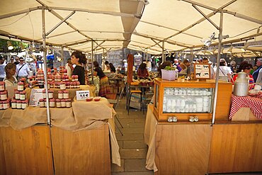 Spain, Catalonia, Barcelona, Art and farmers market in Placa del Pi next to Santa Maria del Pi church.