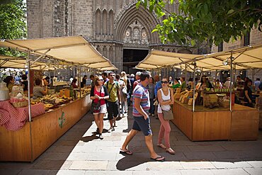 Spain, Catalonia, Barcelona, Art and farmers market in Placa del Pi next to Santa Maria del Pi church.