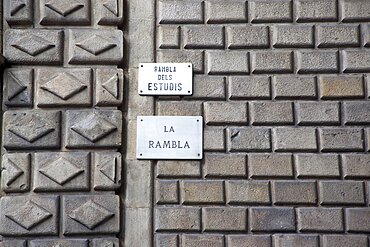 Spain, Catalonia, Barcelona, Detail of the exterior of Rambla dels Estudis a former Jesuit University.