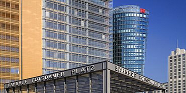 Germany, Berlin, Potzdamer Platz station with Bahn Tower behind.