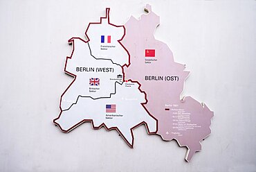 Germany, Berlin, Checkpoint Charlie, Open air exhibition showing map of divided Berlin.