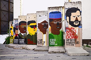 Germany, Berlin, Checkpoint Charlie, Open air exhibition showing Berlin Wall sections making a political statement regarding totalitarian regimes.