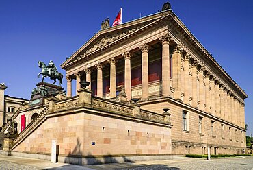 Germany, Berlin, Alte National Galerie, Old National Gallery building housing a collection of 19th century European art with an equestrian statue of Frederick William IV out front.