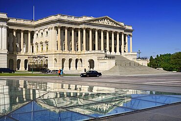 USA, Washington DC, Capitol Building, The House of Representatives reflected in the Capitol Visitor Centre roof.