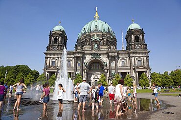 Germany, Berlin, Mitte, Museum Island, Cathedral with Fernsehturm TV Tower behind.