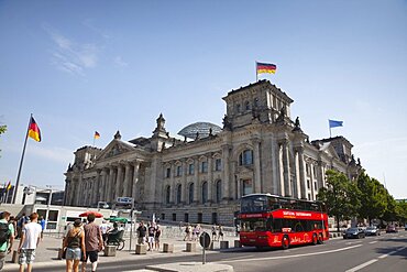 Germany, Berlin, Mitte, Reichstag building with glass dome deisgned by Norman Foster.